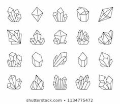 a set of different shapes and sizes of crystals on a white background with black lines