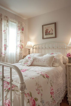 a white bed sitting next to a window with pink flowers on the bedspread