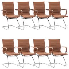 six chairs with chrome legs and brown leather seats