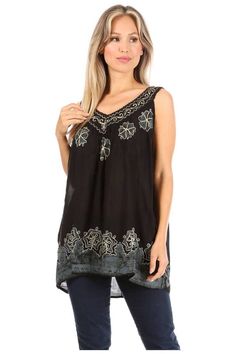 Gauzy cotton blouse features delicate embroidery, batik hem, relaxed fit and beautiful colors. Women's embroidered sleeveless blouse features beautiful colors and easy comfortable style. Rayon Blouse, Batik Fashion, Delicate Embroidery, Comfortable Style, Cotton Blouse, Cotton Blouses, Comfortable Fashion, Sleeveless Blouse, Tank Top Fashion