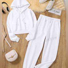 Shein White Essnce Solid Drawstring Cropped Hoodie & Sweatpants. Size X-Small -Brand New Without Tags -No Stains -Comfy Cozy Set White Drawstring Hood Sweats For Winter, White Drawstring Hood Sweats For Sportswear, White Cotton Leisure Set, White Winter Sweats With Drawstring Hood, White Hooded Sets For Spring, Casual White Tracksuit With Drawstring Hood, White Cozy Sweats With Drawstring Hood, White Sets For Streetwear, Sporty White Sweatshirt With Drawstring Hood