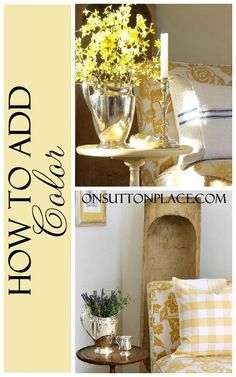 a collage of photos with yellow flowers in vases and other things on the table