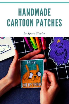 handmade cartoon patches by space stealer with text overlay that reads, handmade cartoon patches by space stealer