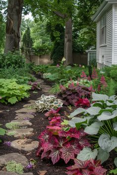 a garden filled with lots of different types of flowers and plants next to a house