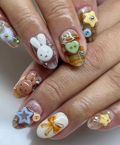 @nailsbysami_ on insta! 🌺 Yoshitomo Nara Nails, Miffy Nail Art, Miffy Nails, Bunny Nails, Plaid Nails, Minimal Nails, Pretty Gel Nails, Decal Design