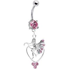 a dangling belly ring with a fairy on the bottom and a crystal ball in the middle