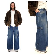 Vintage 1990s wide leg skater rave jeans. Features wide leg style, 30 inch bottoms with stirrups, button waist, zip fly, neon green stitching accent at back, side pockets, cargo pocket, loops, and large back pockets with logo patch and green accent stitching.  Heavyweight deep blue denim with slight stretch.  Excellent vintage condition.  Tag says: GAT, size 30  Waist: 30 inches Hip: 44 Length: 43 inches Inseam: 29 inches Vintage Wide Leg Cargo Jeans For Streetwear, 90s Full Length Flare Jeans With Pockets, 90s Style Medium Wash Streetwear Pants, Retro Wide Leg Flare Jeans For Streetwear, Fitted Wide Leg Cargo Jeans For Streetwear, 90s Wide Leg Cargo Jeans, Vintage Full-length Cargo Jeans For Streetwear, Vintage Flare Jeans With Pockets For Streetwear, 90s Style Wide Leg Cargo Jeans