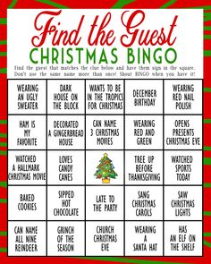 a christmas game with words that read find the guest christmas bingo and then print it out