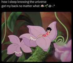 an animated image of a woman laying on top of a flower with the caption, how i sleep known the universe got my back no matter what