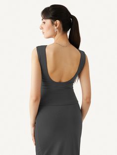 Cotton Jersey Open Back Brami Tank Fitted Crop Top With Built-in Bra And Scoop Back, Chic Stretch Tank Top With Ruched Back, Bodycon Tank Top With Built-in Bra And Scoop Neck, Fitted Sleeveless Tank Top With Ruched Back, Elegant Fitted Tank Top With Scoop Back, Bodycon Sleeveless Top With Built-in Bra, Chic Sleeveless Bodycon Top, Sleeveless Stretch Tops With Ruched Back, Backless Tank Top With Built-in Bra For Night Out