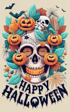 a skull with pumpkins and leaves around it