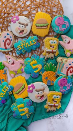 spongebob cookies are arranged on a table