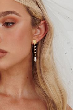 Mercy Pearl & Crystal Drop Earrings Gold by Selfie Leslie Wedding Earrings Bride Hair Down, Statement Bridal Earrings Gold, Pearl Bridal Earrings, Earrings Bride, Formal Earrings, Pearl Embellishment, Selfie Leslie, Formal Jewelry, Satin Clutch