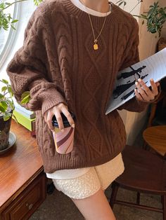 Coffee Brown Casual Collar Long Sleeve Acrylic Plain Pullovers Embellished Slight Stretch  Women Knitwear Cable Knit Aesthetic, Dazy Shein, Pullover Outfit, Downtown Girl, Drop Shoulder Sweaters, Mode Inspo, 가을 패션, Autumn Outfit, Outfit Inspo Fall