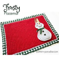 a red placemat with a snowman on it and the words frosty placemat