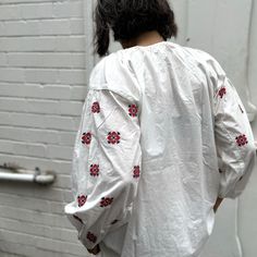 white poplin embroidered top 100% soft washed poplin designed for loose fit full balloon sleeve embroidered yolk and sleeve