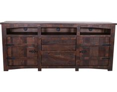 a large wooden entertainment center with two doors and three drawers on one side, the other side is open