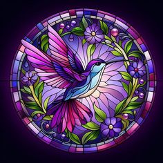 a stained glass window with a hummingbird on it's side and flowers in the middle