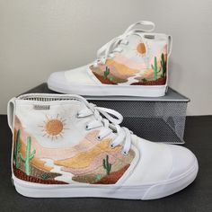 New Without Tags Embroidered Colorful Desert Scape Is A Work Of Art. Yelllow Floral Sole. Unique! Quick Ship! @Southwest, Desert, Vacation, Travel, Fun. Summer Converse Shoe Painting Ideas, Casual Embroidered Closed Toe Sneakers, Summer Embroidered Slip-on Sneakers, Embroidered Slip-on Sneakers For Summer, Cream Lace-up Canvas Shoes For Summer, Cream Canvas Shoes For Summer, Summer Cream Canvas Shoes, White Embroidered Sneakers For Summer, Yellow High-top Canvas Shoes For Spring