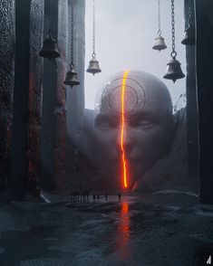 an image of a giant head with bells hanging from it's sides