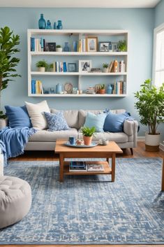 a living room with blue walls and furniture