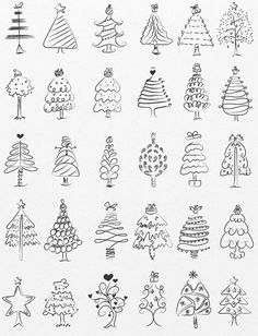 christmas trees are drawn in black and white