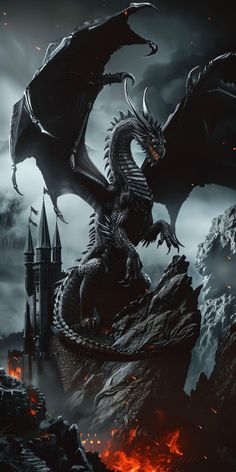 a black dragon sitting on top of a rock next to a castle in the sky