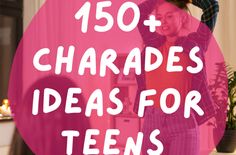 a woman standing in front of a pink circle with the words 150 + charadess ideas for teens