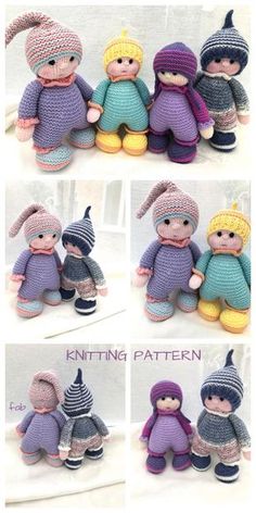 four different pictures of stuffed animals wearing knitted clothes and hats, with text overlay that says knitting pattern