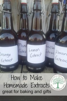 six bottles of homemade extroots sitting on a table with the words how to make homemade extroots great for baking and gifts