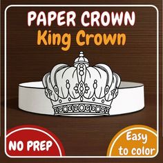 the paper crown is white and has orange lettering on it, which reads paper crown king crown