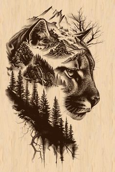 a drawing of a mountain lion with trees on it's face and mountains in the background