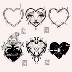 some heart shaped tattoos on a white background