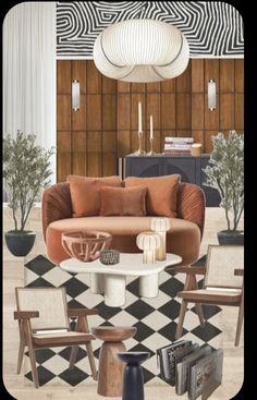 a living room with black and white checkered flooring, brown couches and chairs