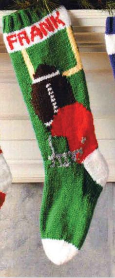 two christmas stockings hanging from a fireplace with the words frank franklin on them and an image of a football