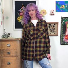 "Vintage Flannel Shacket, Zip Front Shirt or Jacket made of Plaid Polyester Flannel, Size L Cozy and fun flannel from the 80s or 90s is made by Palmettos.  Single layer flannel is a brown, orange, and lime green plaid, fantastic colors for fall!  Closes up the front with a metal zipper and has two flap closure patch pockets at the chest.  One pocket is missing its button. Other than that, this shirt has no flaws!  Marked size Large, and shown on a womens size small model.  For best fit, please c Vintage Plaid Long-sleeve Outerwear, Vintage Plaid Long Sleeve Outerwear, Vintage Long Sleeve Plaid Outerwear, Vintage Cotton Shacket For Fall, Vintage Flannel Outerwear With Long Sleeves, Vintage Flannel Outerwear For Fall, Vintage Fall Flannel Outerwear, Vintage Plaid Button-up Outerwear, Retro Plaid Button-up Outerwear