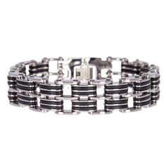 This Stainless Steel Jewelry Is Hot! Perfect gift for a man. This bracelet is made with stainless steel. Give it to the loved one, or treat yourself for a trendy bracelet style. The bracelet features a modern black and silver-tone link chain design. A wrist watch type of clasp on this bracelet allows to lock it securely around your wrist. Look and feel great with this designer bracelet. Stainless Steel with Black Rubber 2 tone Geometric Mens Link Bracelet. This Men's Stainless Steel and black ru Black Stainless Steel Chain Bracelet, Durable Black Stainless Steel Chain Bracelet, Stainless Steel Everyday Chain Bracelet For Father's Day, Stainless Steel Chain Bracelet For Everyday And Father's Day, Father's Day Black Metal Jewelry, Silver Stainless Steel Jewelry With Black Band, Gunmetal Stainless Steel Chain Bracelet Gift, Gunmetal Stainless Steel Chain Bracelet For Gift, Silver Stainless Steel Bracelet With Black Band