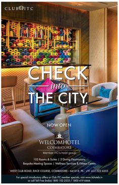 an advertisement for a hotel with colorful furniture