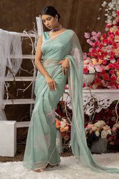 Mint green pure organza saree with floral placement embroidery and cutdana embroidered border. Paired with a blouse and petticoat. - Aza Fashions Placement Embroidery, Eternal Beauty, Desi Style, Embroidered Border, Green Saree, Saree Trends, Indian Dress, Blouse For Women, Organza Saree