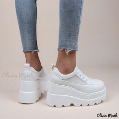 Olivia Mark - Fashionable Hollow Out Platform Single Shoes with Thick Sole White Wedge Sneakers, Chunky Platform Sneakers, Mesh Heels, Chunky Heel Pumps, Super High Heels, Pu Heels, Platform Heels Chunky, Chunky Platform, Wedge Sneakers