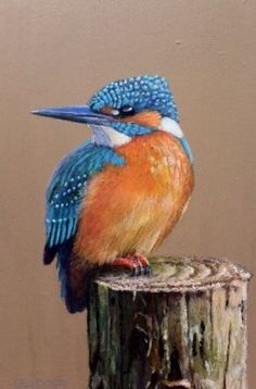 a painting of a colorful bird sitting on top of a wooden post next to a brown wall