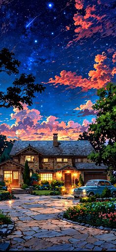 a painting of a house at night with stars in the sky and clouds above it