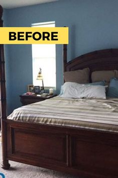 a bedroom with blue walls and white carpeting, before and after the bed is made