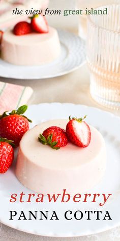 the cover of strawberry panna cota is shown with two strawberries on top