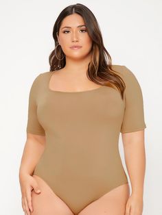 Camel Basics  Short Sleeve Polyester Plain Tee Embellished Medium Stretch Spring/Summer Plus Size Jumpsuits & Bodysuits Body Suits And Jeans Plus Size, Plus Size Black Body Suit, Body Suit On Plus Size, Summer Brown Stretch Bodysuit, Brown Stretch Summer Bodysuit, Casual Brown Bodysuit For Spring, Casual Brown Summer Bodysuit, Casual Brown Bodysuit For Summer, Shein Basics