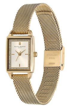 A border of twinkling crystals and a sunray dial glam up this slender rectangular watch set on a slinky mesh band for lustrous shine. 20mm case, 12mm band width Quartz movement Stainless steel with ionic plate Imported Dainty Watches For Women, Women’s Watch, Golden Watch Women, Dainty Watches, Rectangular Watch, Rectangle Watch, Golden Watch, Frock And Frill, Watch Set