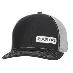 Ariat Offset Patch Hat in Black Black Mesh Trucker Snapback Hat, Black Breathable Trucker Hat With Flat Brim, Black Breathable Flat Brim Trucker Hat, Black Mesh Baseball Cap, Black Mesh Hat For Outdoors, Black Mesh Snapback Hat Casual, Black Mesh Hat For Outdoor, Black Mesh Casual Snapback Hat, Casual Black Mesh Snapback Hat