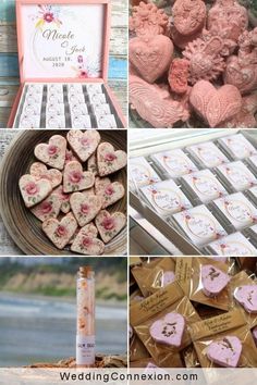 wedding confections and favors displayed on wooden table