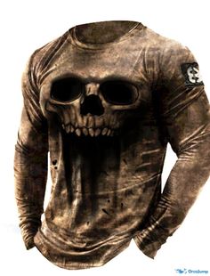 OrcaJump - T-Shirt Unisexe à Épaule Large Imprimé Skull Vintage Brown 3D pour Hommes - Style Casual Daily Holidays, Skull Graphic, Long Sleeve Tops Casual, Tshirt Pattern, Men Fits, Skull Print, Big And Tall, Sleeves Pattern, Shirt Pattern