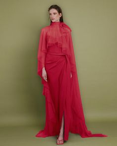 Red Dress With Cape, Cape Dresses, Dress With Cape, Cape Gown, Cut Dress, Cape Dress, Crepe Dress, Dream Wardrobe, Red Dress